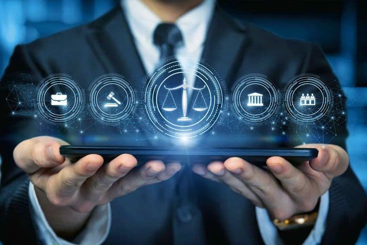 Icônes juridiques (balance, tribunal) symbolisant les informations légales